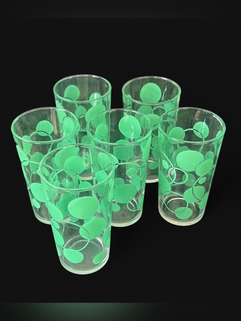 Set of 6 MCM Libbey green polka dot and ring pattern enamel tumblers